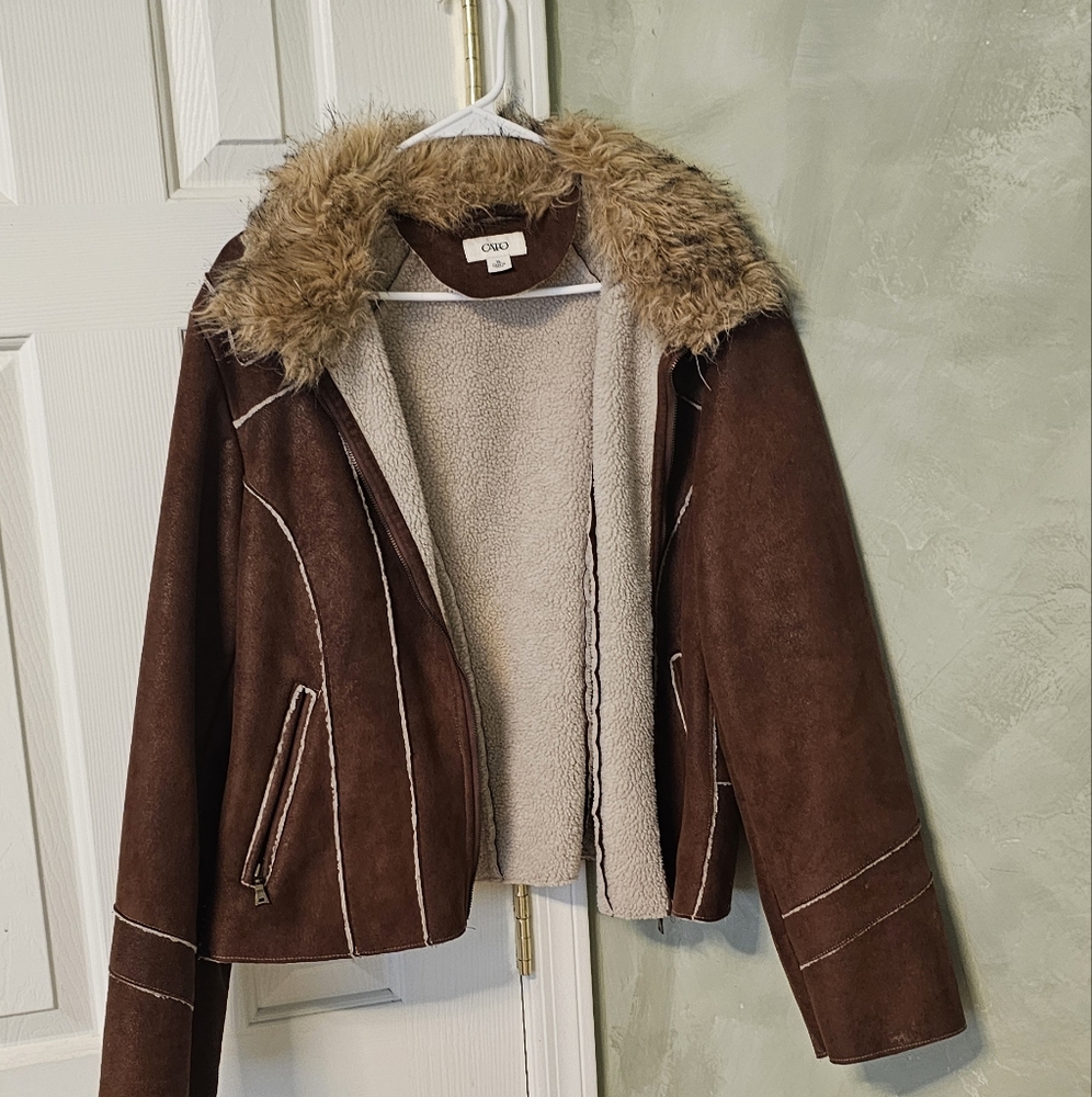 Cato Chocolate Brown Suede Teddy Jacket with Faux Fur Collar